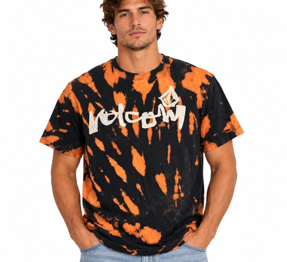 Volcom Y2K Men’s Acid Wash Bleach Graphic Skate T-Shirt Black Orange XL
